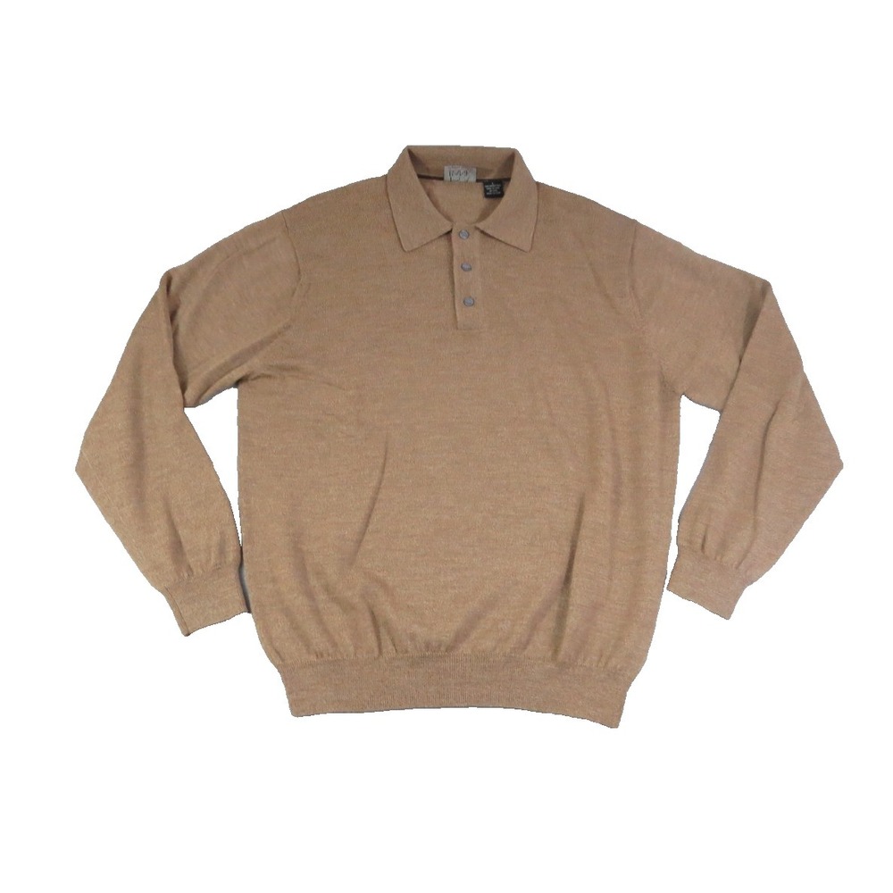 Jos A Bank Signature Polo Sweater 100% Merino Wool Men Large L Tan Brown Heather